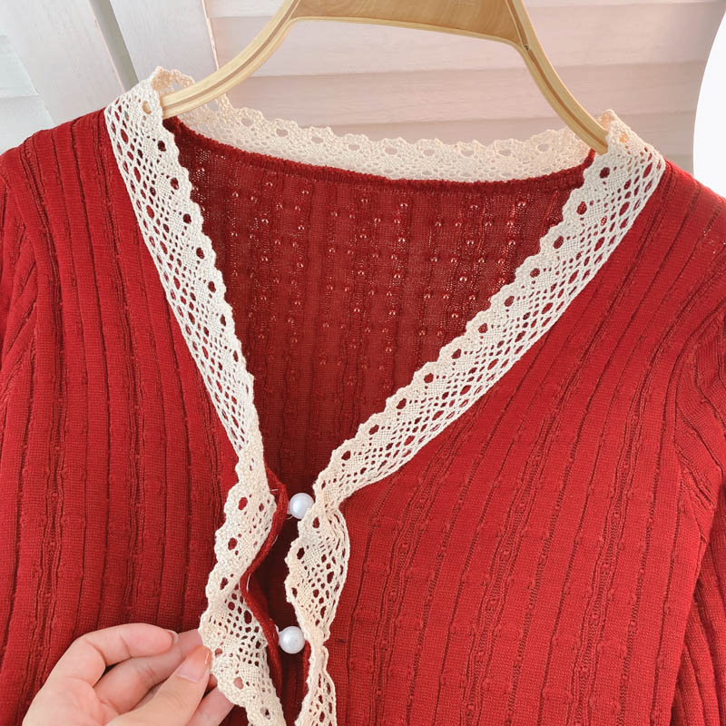 Vintage Knitted Top Women's autumn V-neck lace  1595