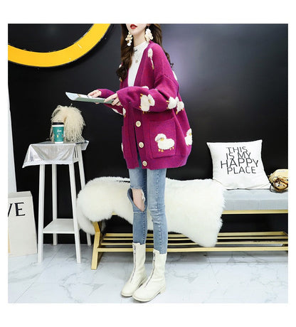 Languid lazy wind sweater , loose sweater of spring and autumn, lovely sheep embroidery cardigan  1459