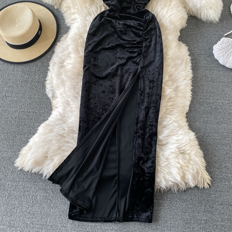 Banquet wine red evening dress velvet suspender split dress  3309