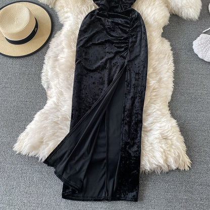 Banquet wine red evening dress velvet suspender split dress  3309