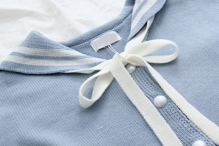 Navy collar long sleeve sweater, student tie bow knit cardigan  1414