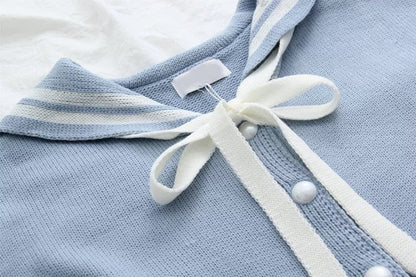 Navy collar long sleeve sweater, student tie bow knit cardigan  1414