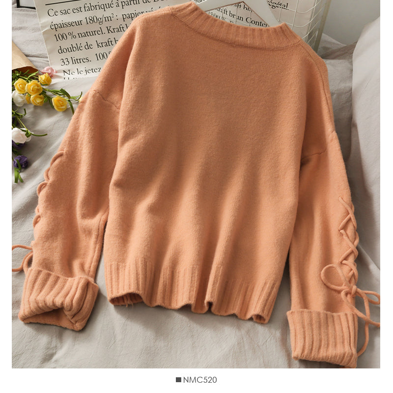 New drawstring lace up long sleeve loose Pullover Sweater  1709