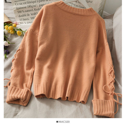 New drawstring lace up long sleeve loose Pullover Sweater  1709
