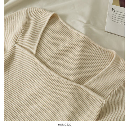 Solid color versatile low collar collarbone exposed long sleeve bottomed top  1813