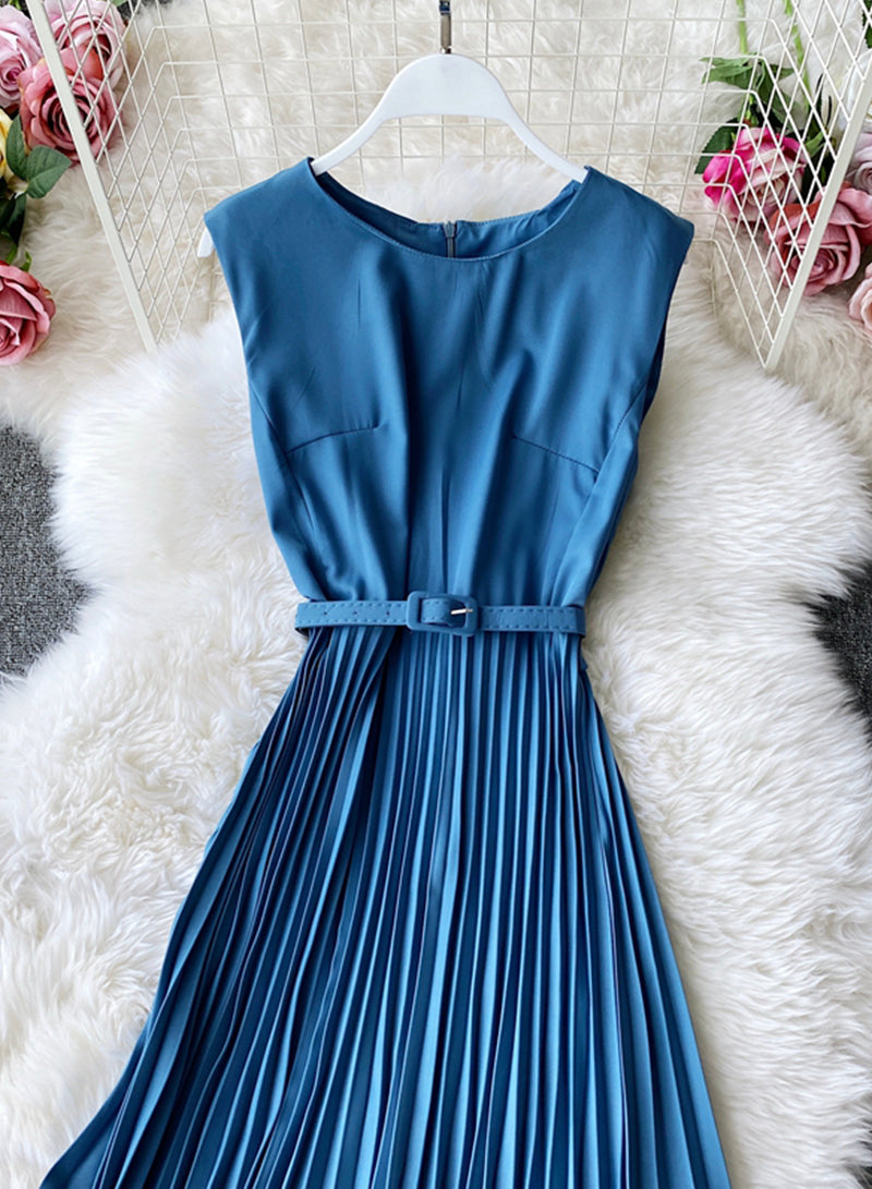 Cute A line round neck sleeveless midi dress  1029