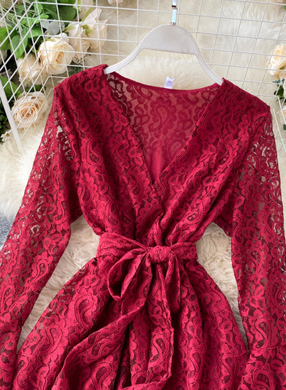 A line v neck lace short dress  1032