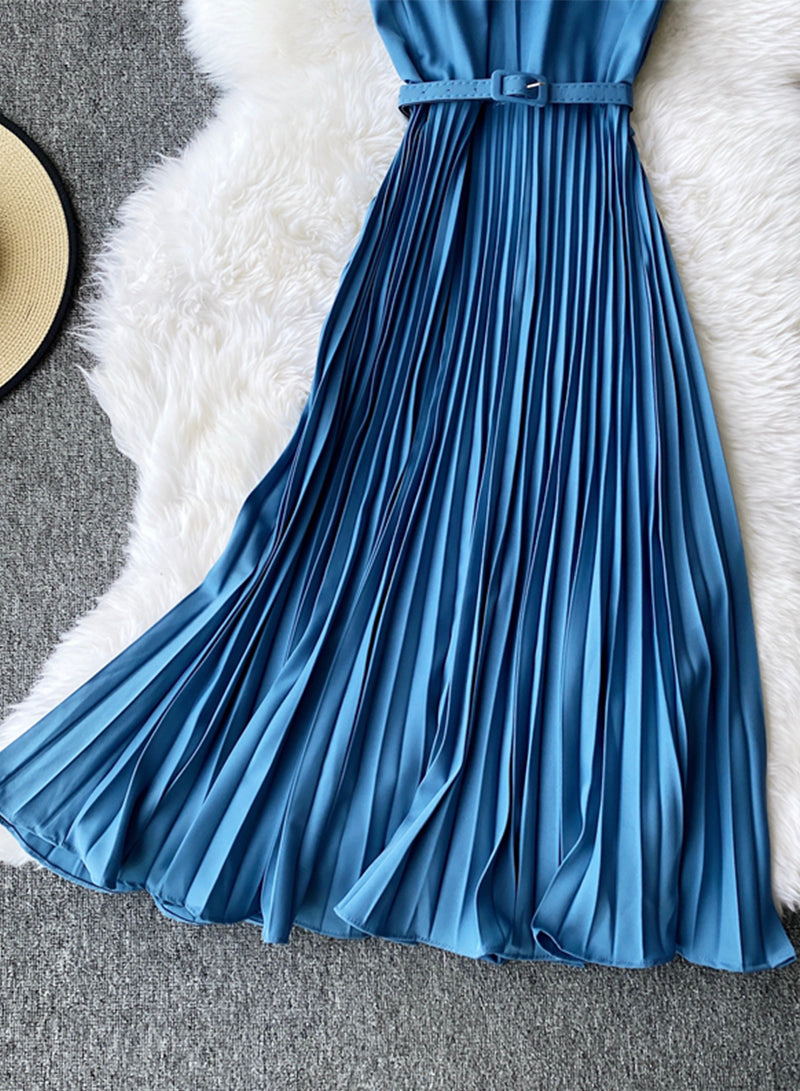 Cute A line round neck sleeveless midi dress  1029