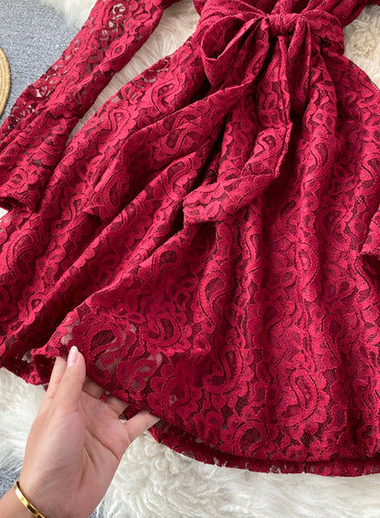 A line v neck lace short dress  1032