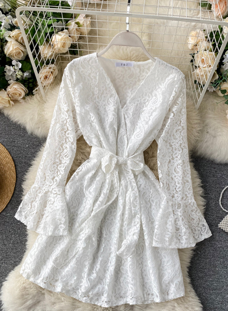 A line v neck lace short dress  1032