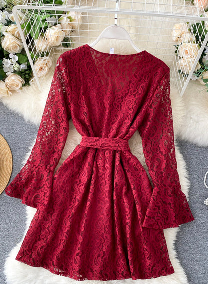 A line v neck lace short dress  1032