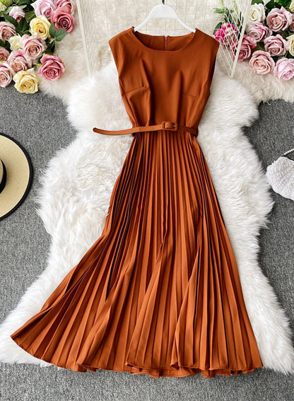 Cute A line round neck sleeveless midi dress  1029