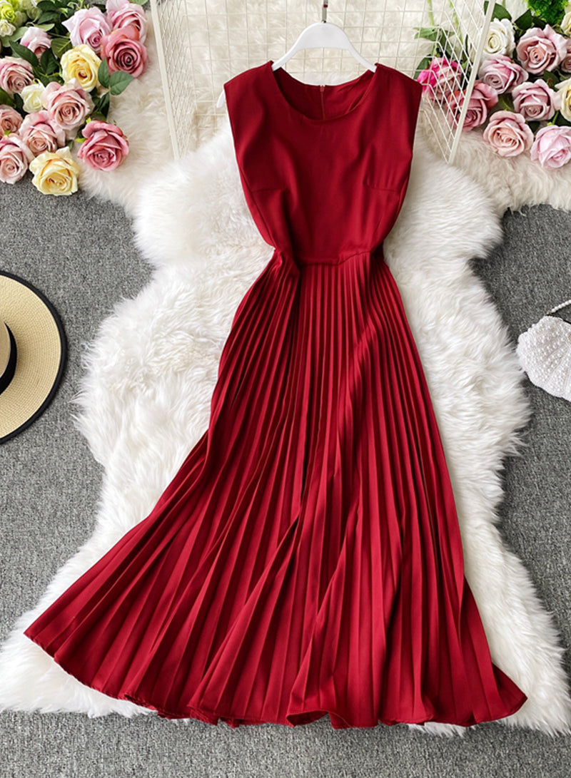 Cute A line round neck sleeveless midi dress  1029