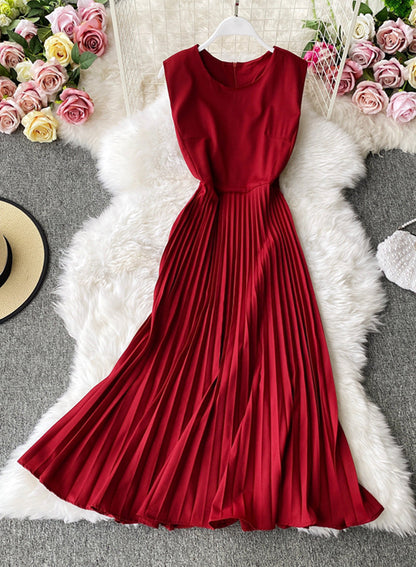 Cute A line round neck sleeveless midi dress  1029