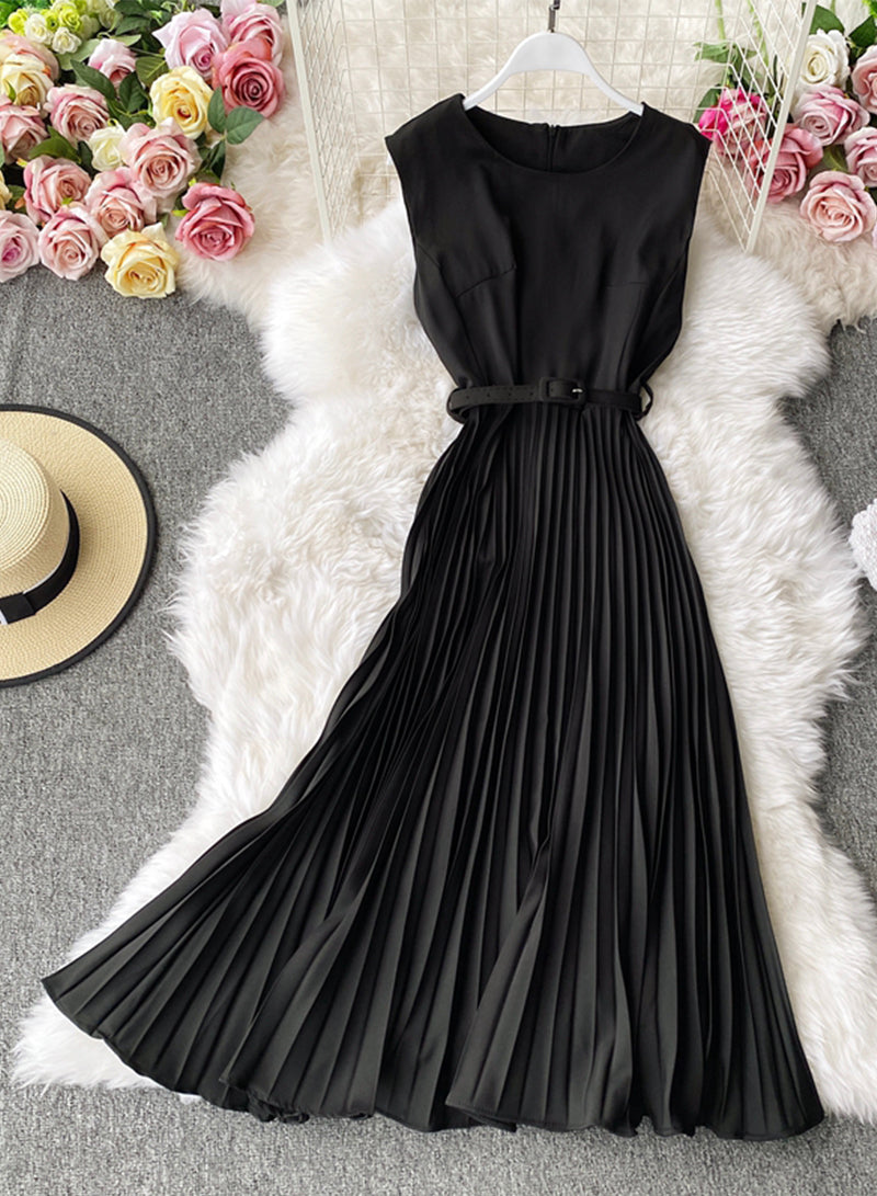 Cute A line round neck sleeveless midi dress  1029