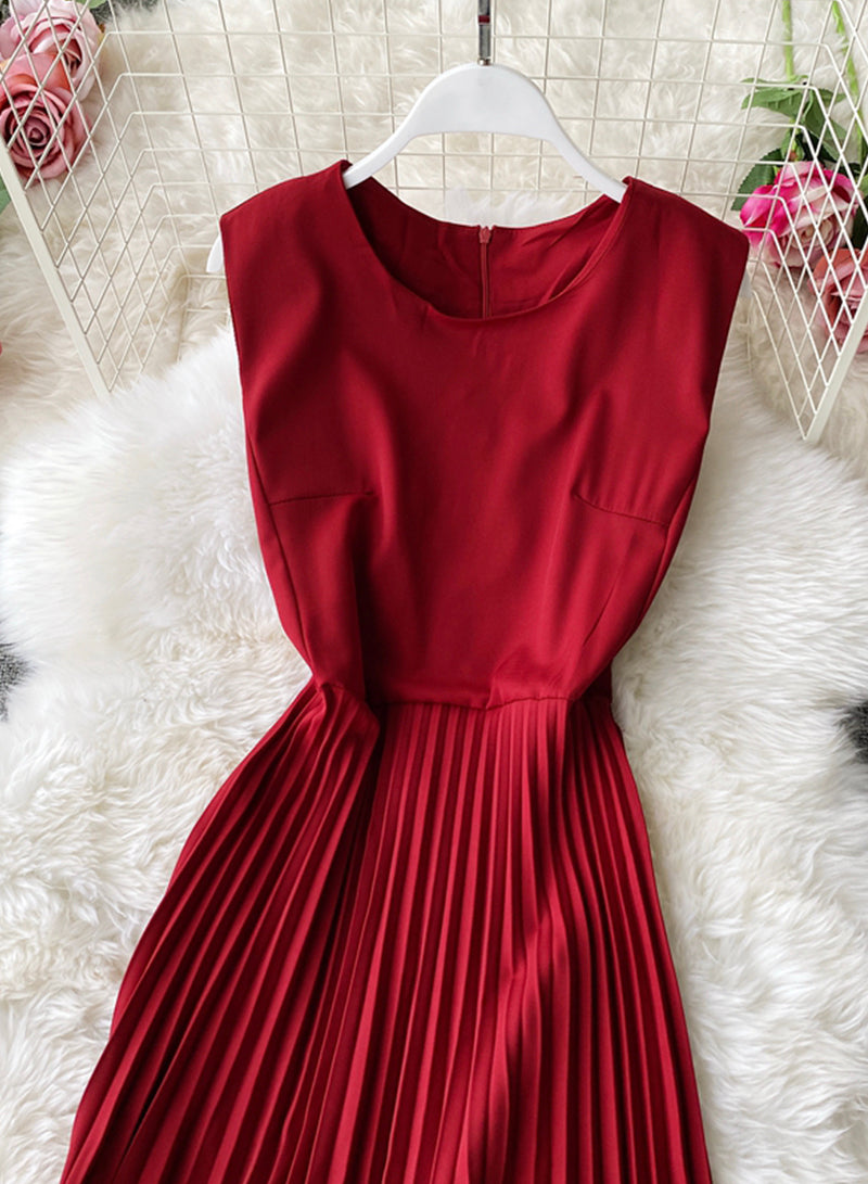Cute A line round neck sleeveless midi dress  1029
