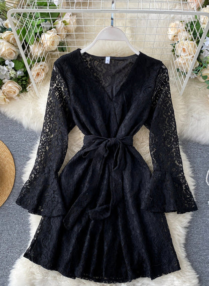 A line v neck lace short dress  1032