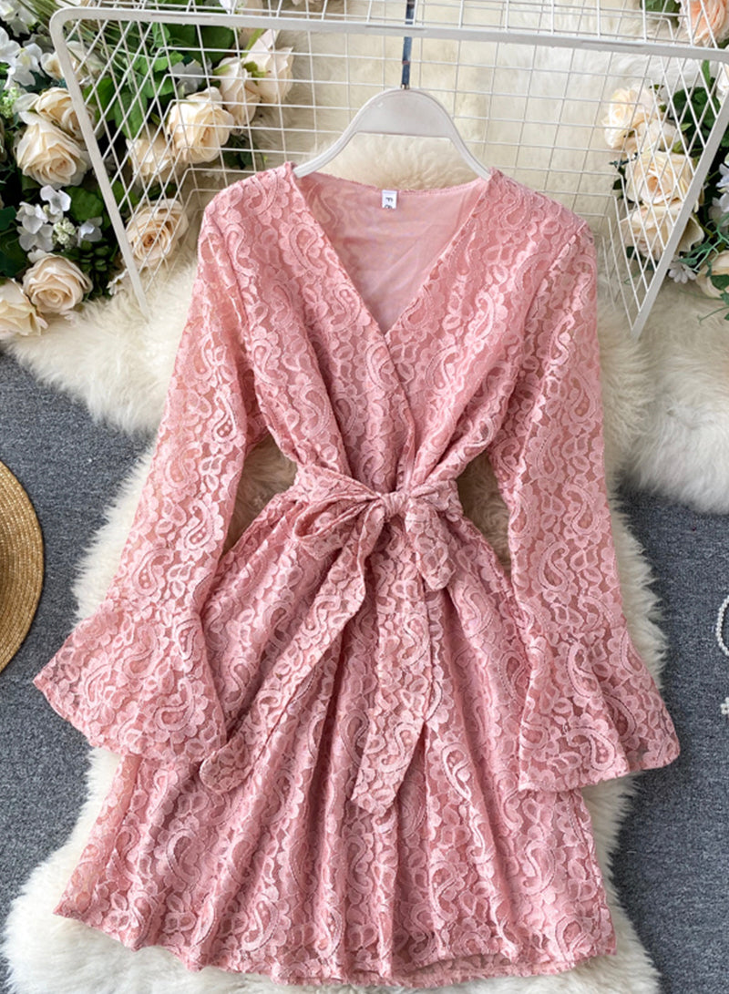 A line v neck lace short dress  1032