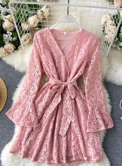 A line v neck lace short dress  1032