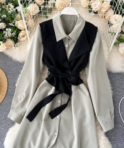 Fashionable vest + long sleeve shirt dress two pieces suit  1025
