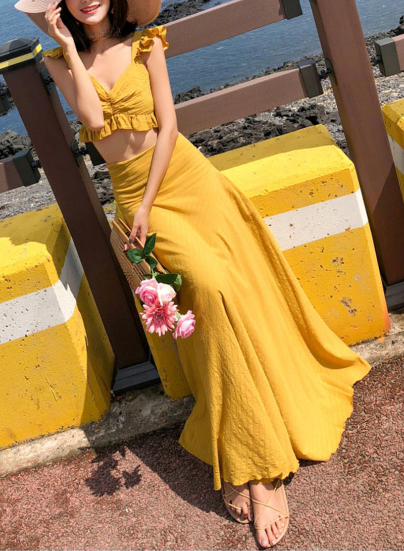 Cute yellow two pieces dress summer dress  1216