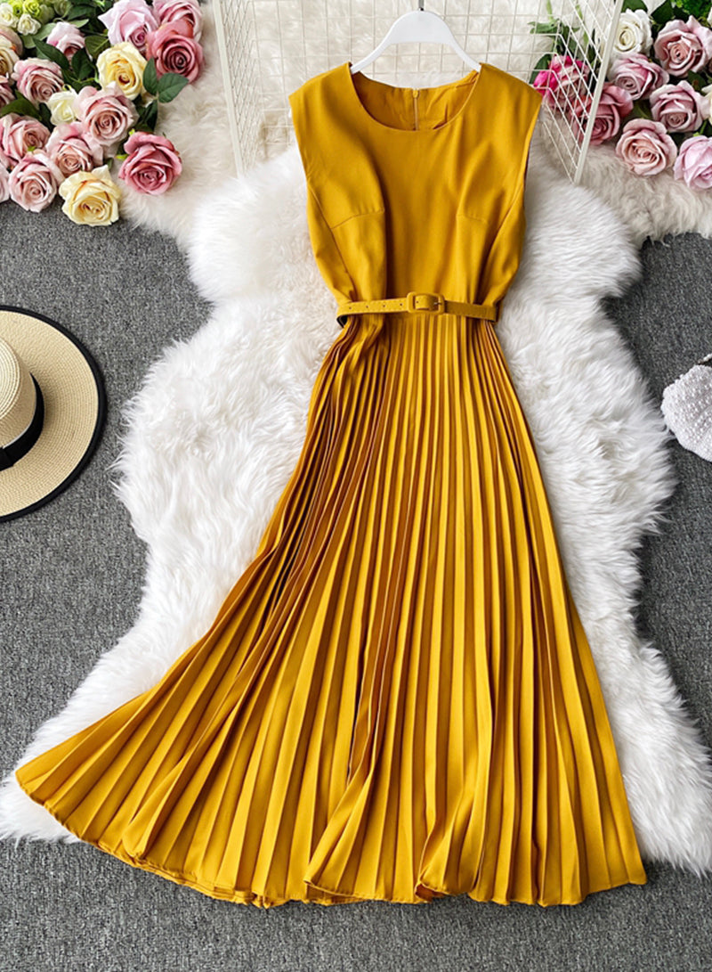 Cute A line round neck sleeveless midi dress  1029