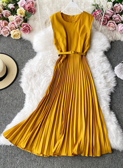 Cute A line round neck sleeveless midi dress  1029