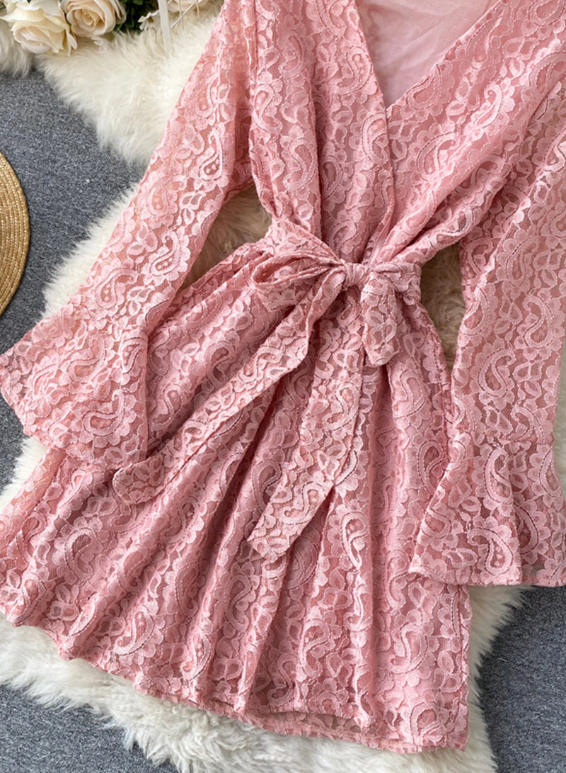 A line v neck lace short dress  1032