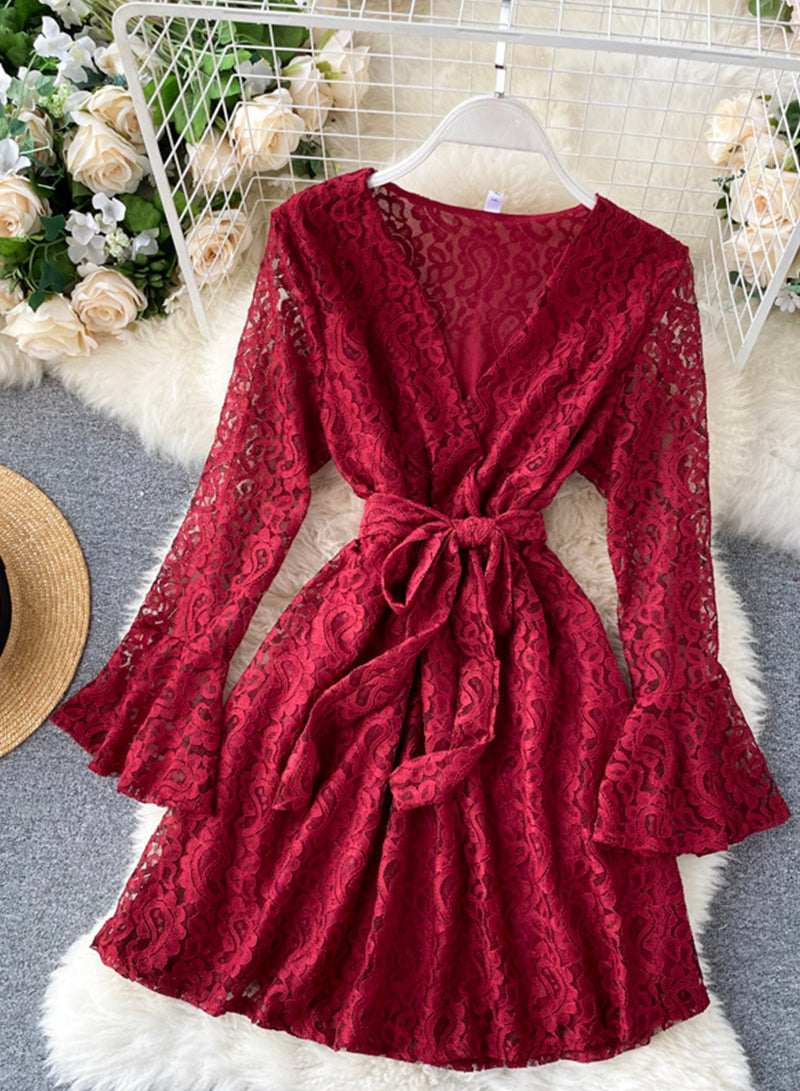 A line v neck lace short dress  1032