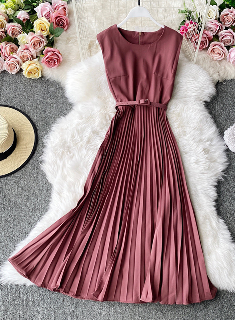 Cute A line round neck sleeveless midi dress  1029