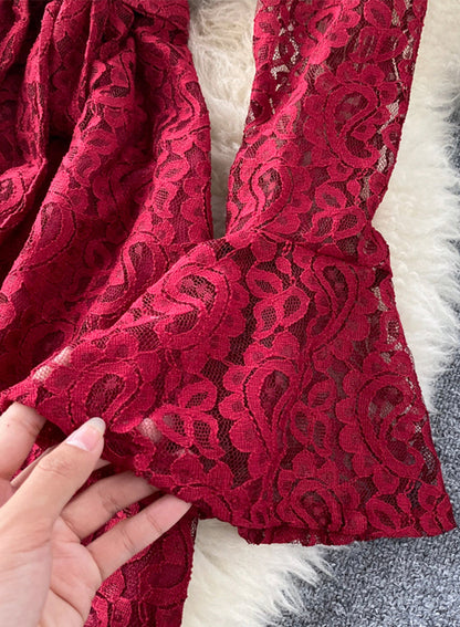 A line v neck lace short dress  1032