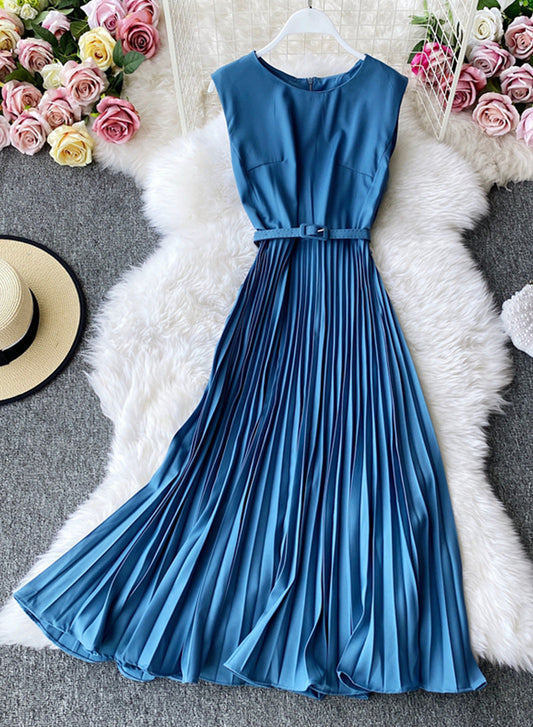 Cute A line round neck sleeveless midi dress  1029