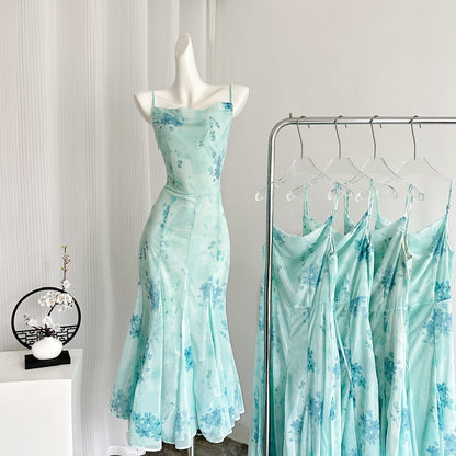 Sexy Mermaid Spaghetti Straps Floral Blue Summer Dress Holiday Party Outfits For Women DP0085