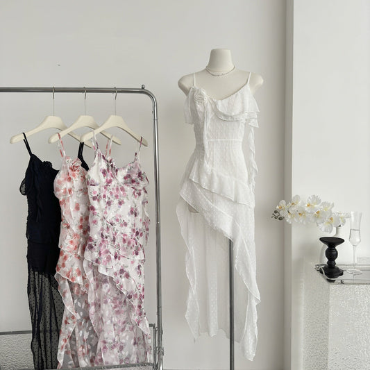 Sexy High Low Spaghetti Straps Floral Summer Dress Holiday Party Outfits For Women DP0080