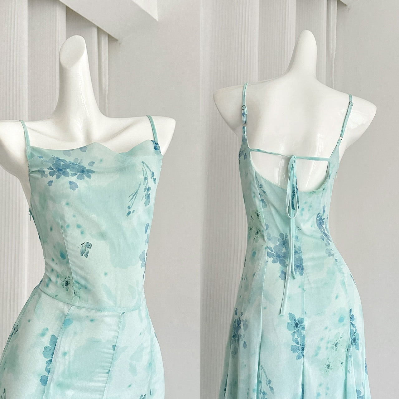 Sexy Mermaid Spaghetti Straps Floral Blue Summer Dress Holiday Party Outfits For Women DP0085