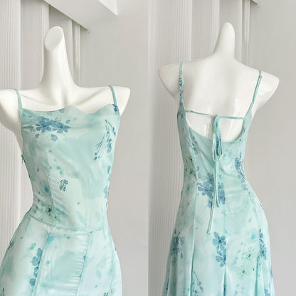 Sexy Mermaid Spaghetti Straps Floral Blue Summer Dress Holiday Party Outfits For Women DP0085