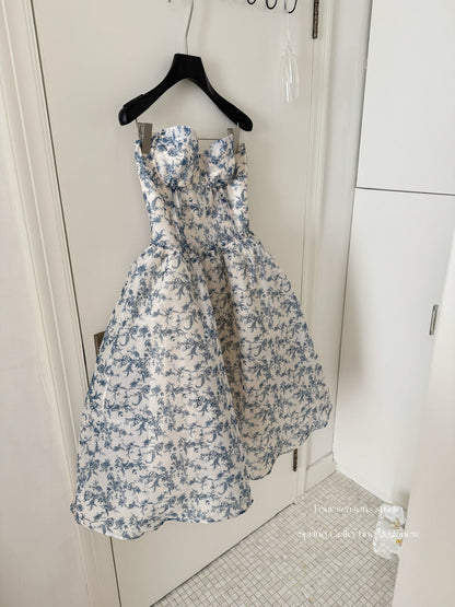 Sexy Ball Gown Sweetheart Floral Blue Summer Dress Holiday Party Outfits For Women DP0083