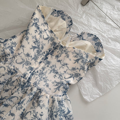 Sexy Ball Gown Sweetheart Floral Blue Summer Dress Holiday Party Outfits For Women DP0083