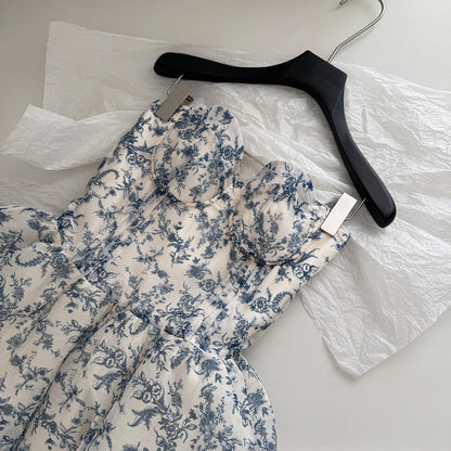 Sexy Ball Gown Sweetheart Floral Blue Summer Dress Holiday Party Outfits For Women DP0083