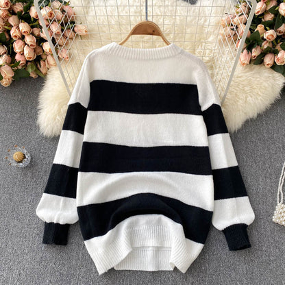 Simple V-neck knitted top long sleeve sweater  007