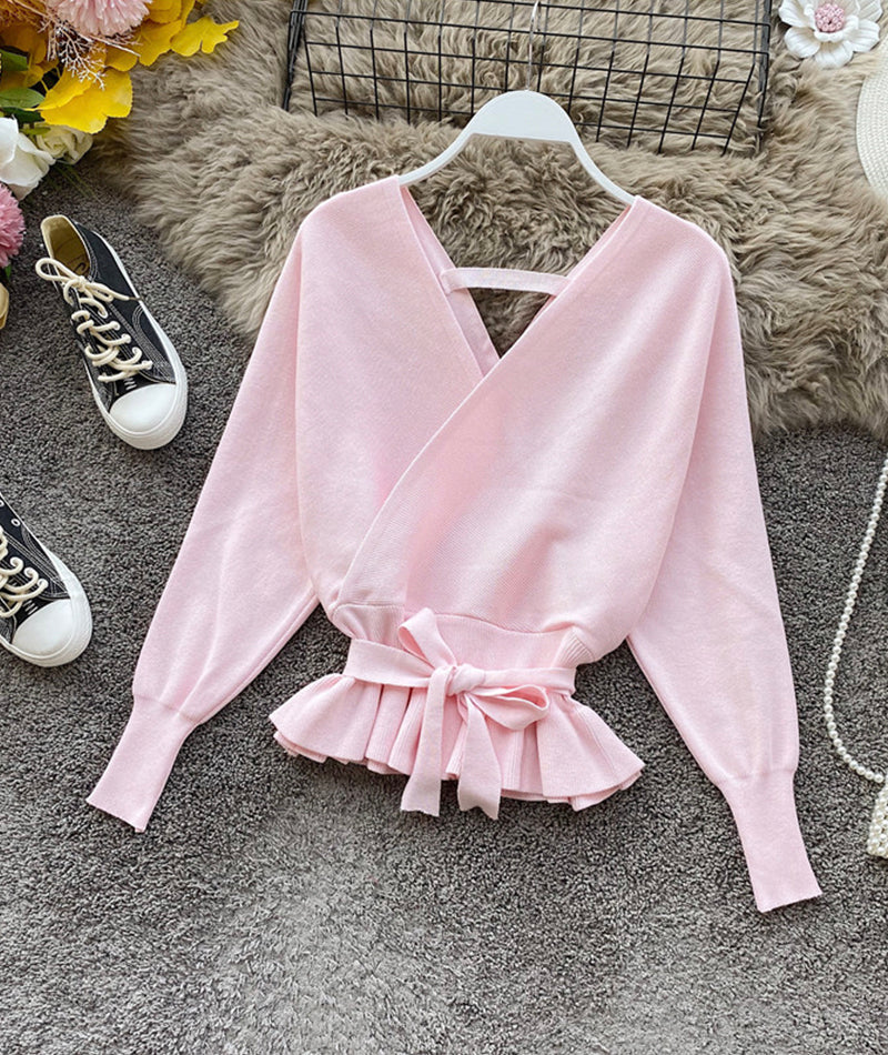 Cute v neck long sleeve sweater short sweater  099