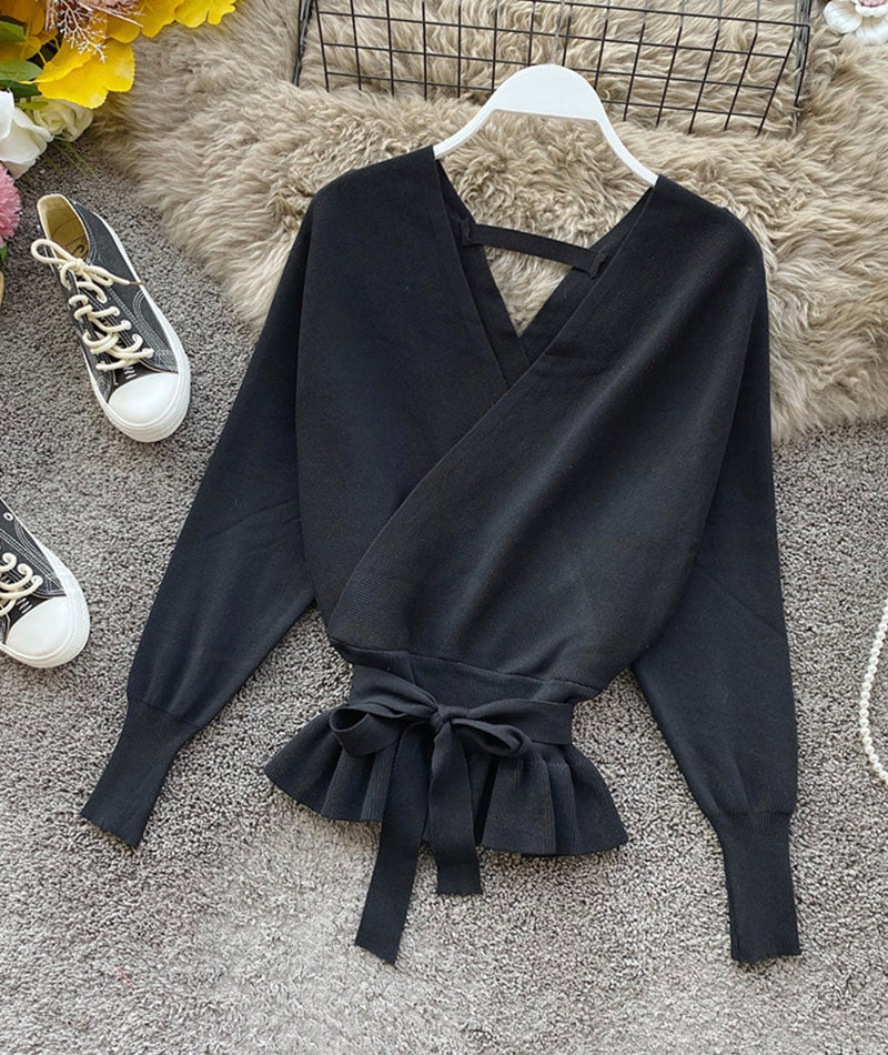 Cute v neck long sleeve sweater short sweater  099