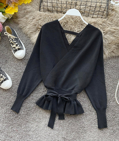 Cute v neck long sleeve sweater short sweater  099