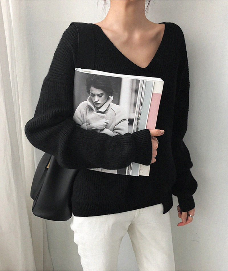 Simple v neck neck sweater long sleeve sweater  113
