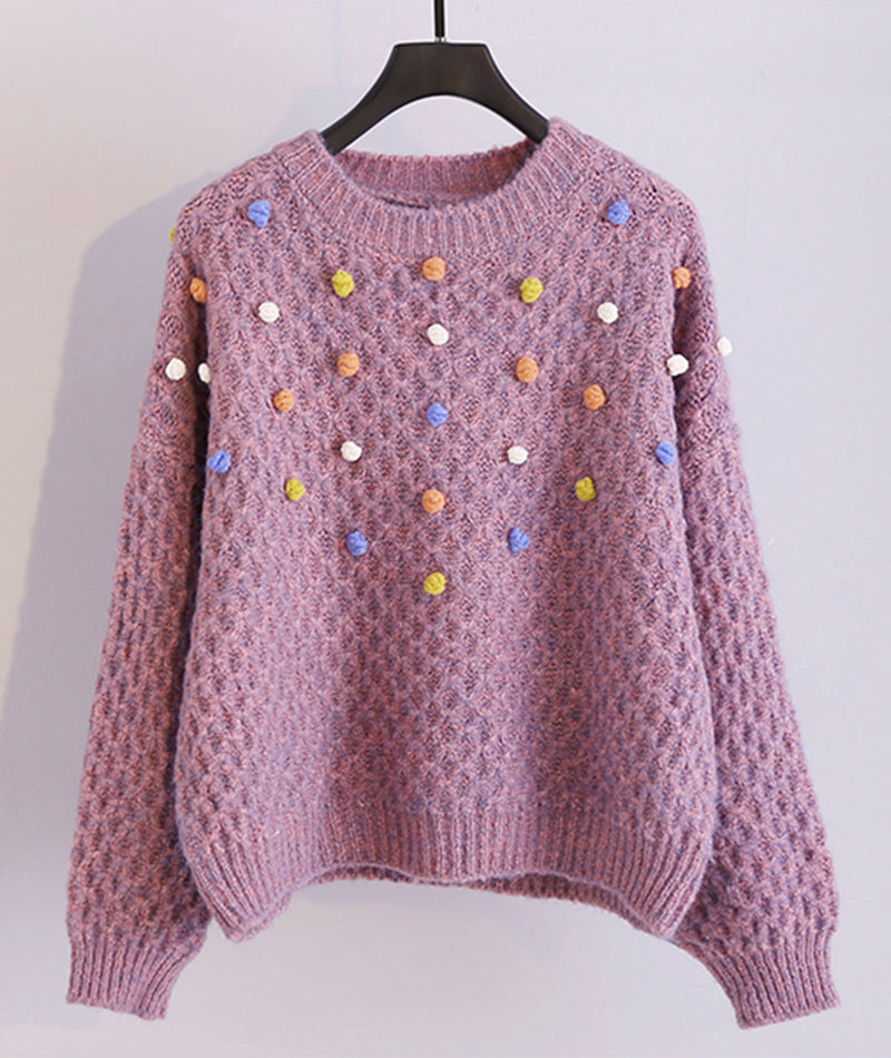 Colorful pom poms embellished round neck chunky sweater  062
