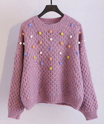 Colorful pom poms embellished round neck chunky sweater  062