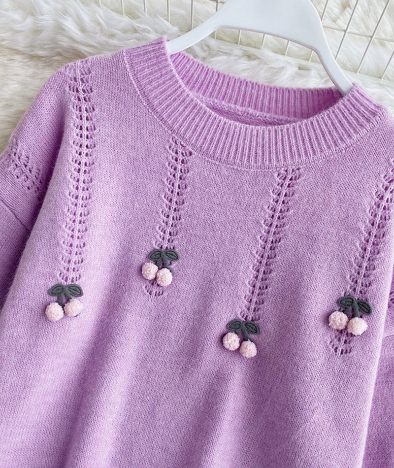 Cute round neck long sleeve sweater cherry sweater  101
