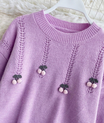 Cute round neck long sleeve sweater cherry sweater  101