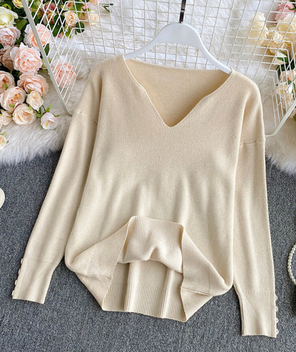Sweater simple v neck long sleeve sweater  090