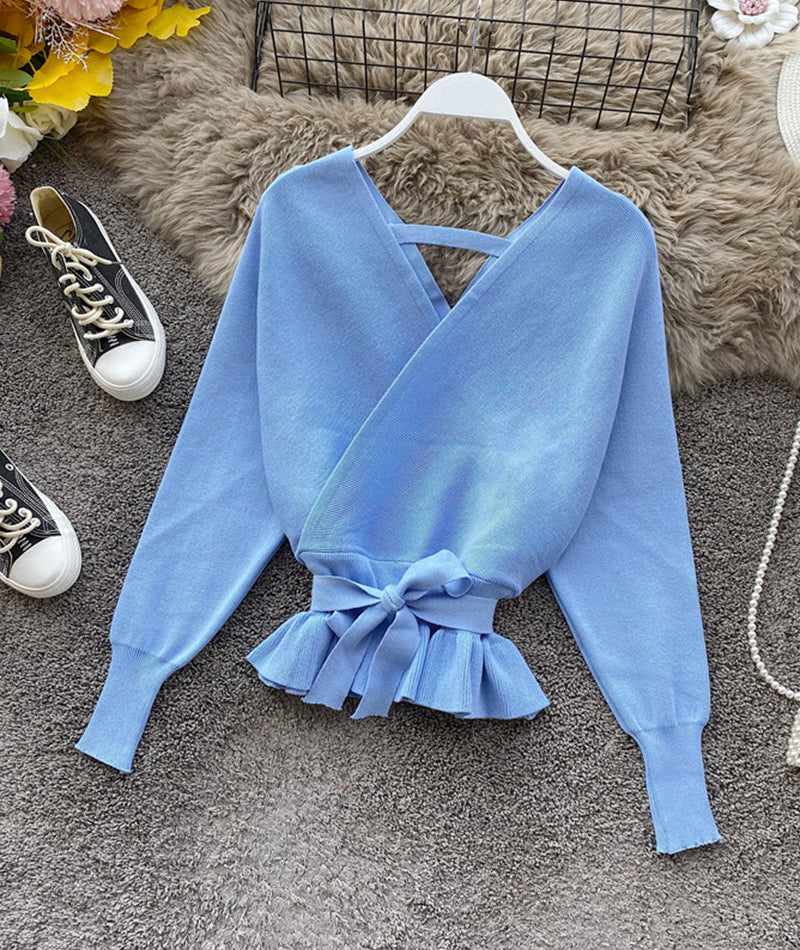 Cute v neck long sleeve sweater short sweater  099